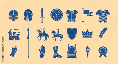 Medieval Knight Icons Set: Castle, Sword, Armor, Crown, Horse, Shield