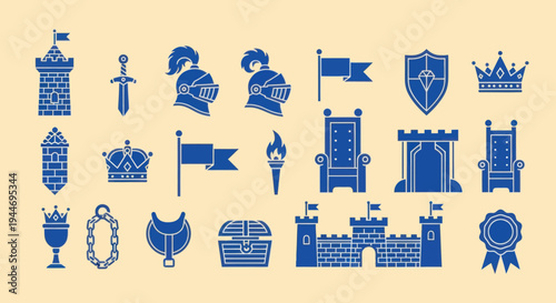 Medieval Royal Icons Collection: Castle, Knight, Crown, Sword, Throne, Torch, Chest