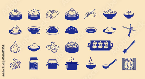 Chinese Food Icons: Dumplings, Noodles, Soup, Ingredients - Blue Line Art