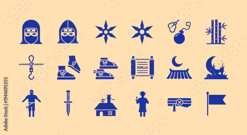 Ninja Icon Set: Warrior, Shuriken, Bomb, Scroll, Moon, House, Flag