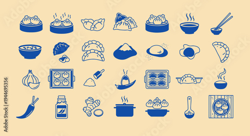 Chinese Dumpling and Dim Sum Icon Set - Blue Line Art on Beige Background