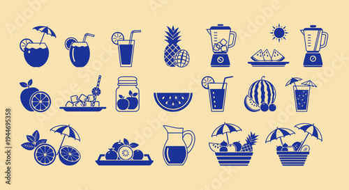 Summer Drinks and Fruits Icons: Refreshing Beverages, Tropical Fruits, and Beach Elements