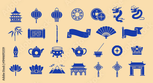 Chinese Culture Icons: Dragon, Lantern, Temple, Fan, Tea Set, Bamboo