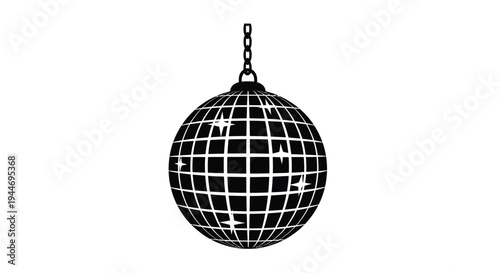 A striking black silhouette of a disco ball hanging from a chain