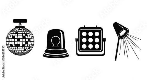Black stage lighting and disco ball icons in a bold silhouette