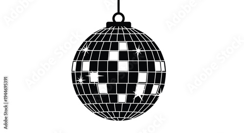 A striking black disco ball illustration with a clean silhouette