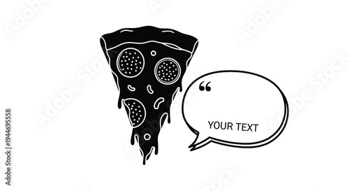 A black slice of pizza with a speech bubble a bold silhouette