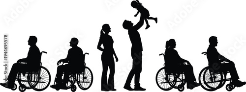 Inclusive silhouette collection featuring people in wheelchairs and a family with a father lifting his child on white background isolated