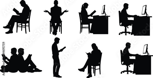 Vector silhouettes of people reading books and working on computers while sitting at desks and chairs in various productive poses