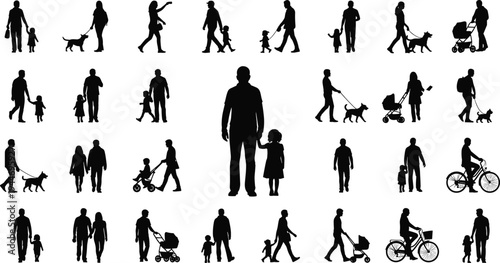 Silhouette illustration of parents and children walking, cycling, playing, and spending quality family time together in everyday outdoor activities