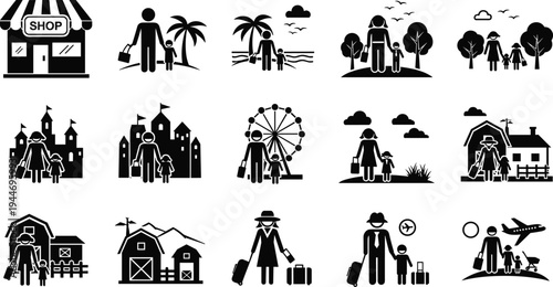 Silhouette icons depicting travel, tourism, shopping, family leisure, cultural visits, and outdoor lifestyle activities across diverse destinations and experiences