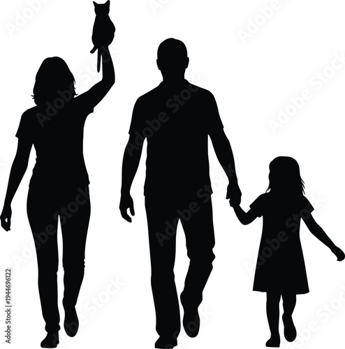 Silhouette illustration of family walking together with child and pet cat, parents holding hands, domestic life unity and companionship concept