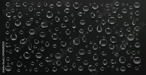 Realistic water droplets on black glass background. Transparent drops with light reflections creating condensation effect. Vector illustration