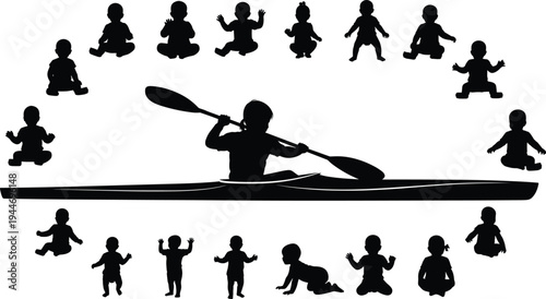 Silhouette illustration of kayaker surrounded by multiple baby figures in various poses, concept of growth, development, family life journey