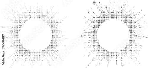 Abstract dotted sunburst shapes with empty circle in center on transparent background, distressed texture, radiating lines, graphic elements