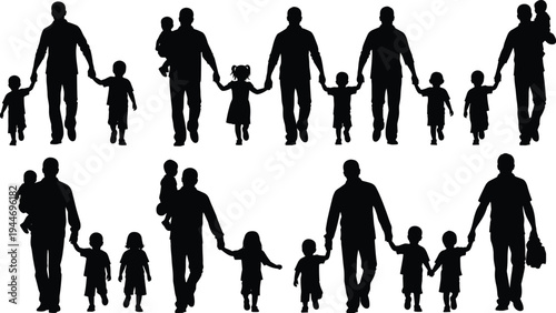 Silhouette illustration of parents holding hands with children, family groups in different poses, concept of parental care and companionship