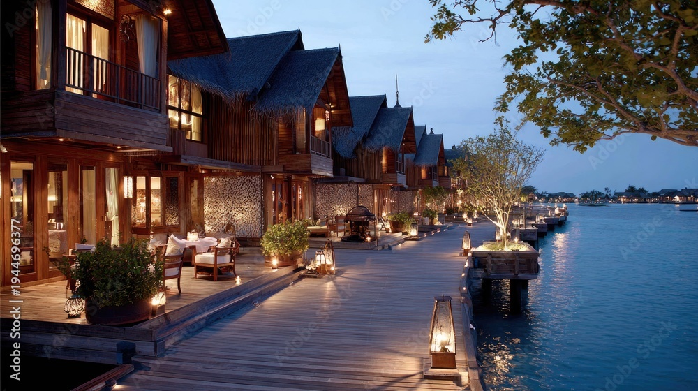 Fototapeta premium Wooden waterfront villas illuminated at dusk reflecting tranquil atmosphere