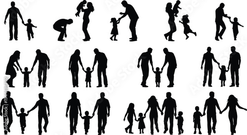 Silhouette illustration of adults and children bonding, playing, walking, lifting, holding hands, family relationships and caregiving activities together