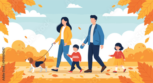 Autumn family walking scene with parents, children, and dog outdoors, seasonal illustration of bonding, nature, leisure, and togetherness