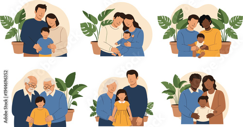 Illustration of diverse families with adults and children, intergenerational relationships, cultural diversity, bonding, caregiving, and leafy plant background