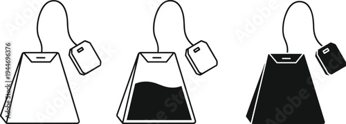 Pyramid tea bag icon set with string and tag in outline, half-filled, and solid black silhouette styles for beverage design.