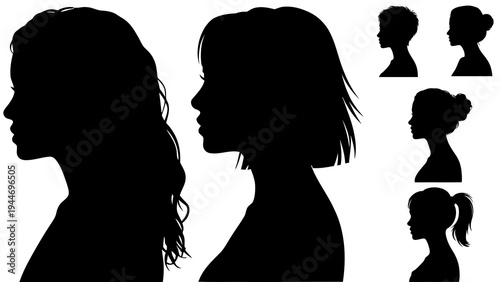 set of black silhouette icons of women with different hairstyles
