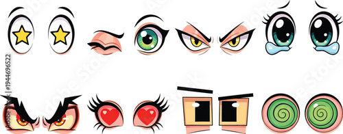 Cartoon anime eyes expressions, emotional faces illustration, vector character emotions, cute manga style reactions, colorful pupils, digital art design