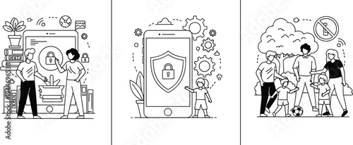 Title: Triptych black and white illustrations highlighting family digital security, mobile privacy, and offline family time balancing technology and real world connections