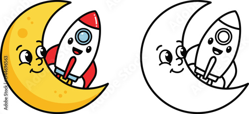 Adorable Cartoon Rocket and Smiling Crescent Moon Isolated Vector for Kids & Space Themes