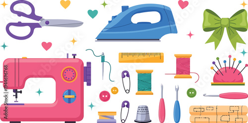 Colorful sewing tools illustration, tailoring accessories, sewing machine, scissors, thread spools, iron, ruler, buttons, crafting supplies, creative design
