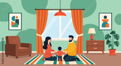 Title: Warm cozy family moment in modern living room with parents and child on colorful rug by large window, orange curtains, home decor  