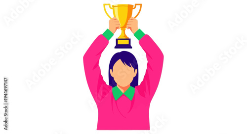 Woman holding up a golden trophy, celebrating victory and achievement