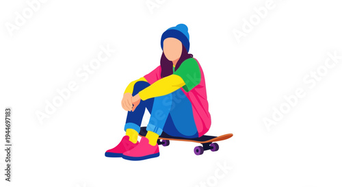 Young person in colorful beanie and jacket sitting on skateboard, isolated on white