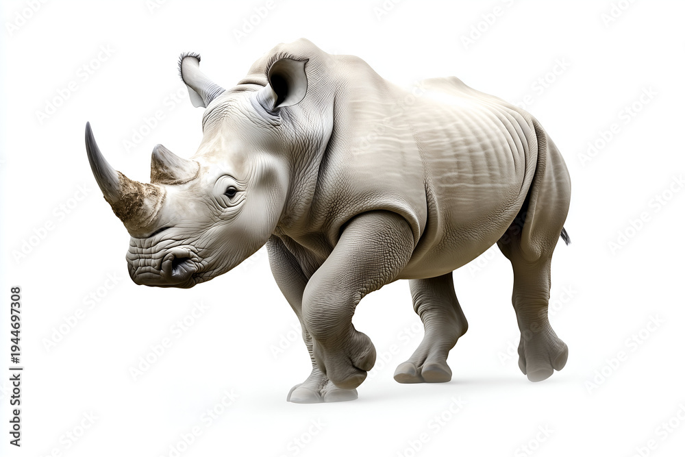 Fototapeta premium Massive white rhinoceros standing isolated on a pure white background