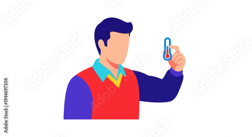 Man holds thermometer showing high temperature, fever concept illustration