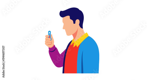 Man Holding Digital Thermometer, Checking Temperature - Flat Illustration