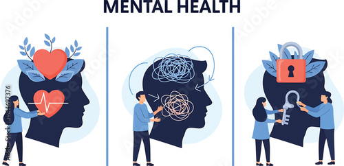 Mental health illustration, emotional support, stress relief, unlocking barriers, psychological care, wellness concept, human head silhouette, symbolic therapy design