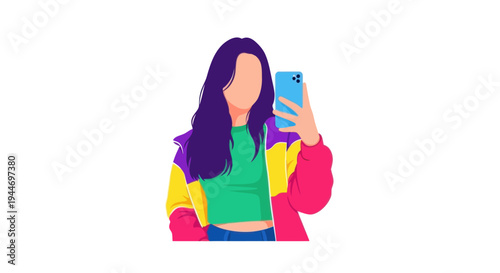 Woman taking selfie with smartphone, flat design illustration, vibrant colors, modern style