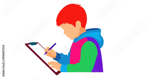 Young boy drawing on clipboard, isolated on white background, creative child artist