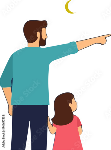 Muslim Father and Daughter Sighting the Moon, Eid Mubarak Illustration, Parent and Child Looking at Crescent Moon Vector
