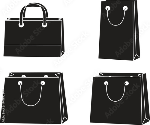 set of black shopping bags with white outlines and handles