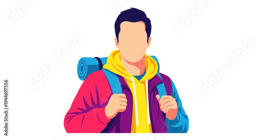 Young male backpacker with rolled sleeping mat, ready for adventure and travel