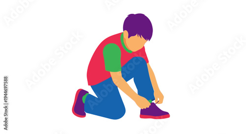 Child Tying Shoelaces, Learning Independence, Flat Design Illustration