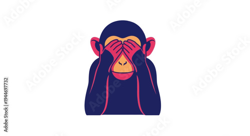 Monkey covering eyes, see no evil, cartoon illustration