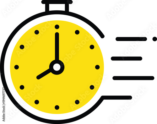 Yellow stopwatch icon showing eight o’clock with speed motion lines, fast service concept, urgency, rapid response, time sensitive activity illustration