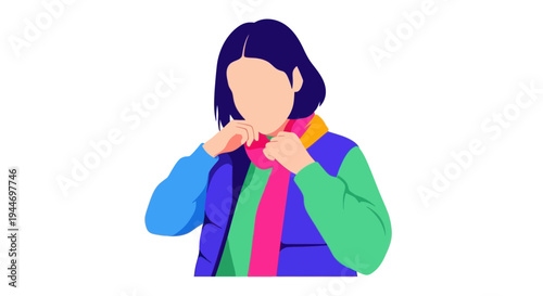Woman in colorful winter clothes adjusting scarf, flat illustration
