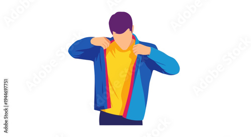Man Putting On Jacket, Casual Style, Colorful Clothing, White Background