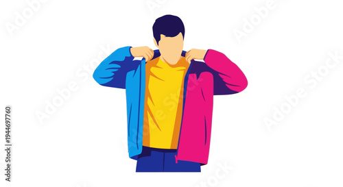 Man Putting On A Colorful Jacket, Yellow T-Shirt, Modern Flat Illustration