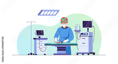 Surgeon Performing Operation in Modern Operating Room with Medical Equipment