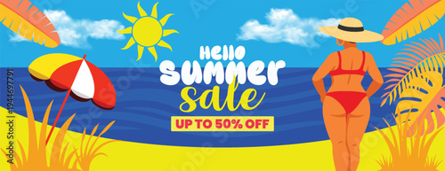 summer tropical sale banner and summer background for social media cover and website promotional advertising banner with woman in bikini on beach, sun, umbrella and tropical plants, sea background